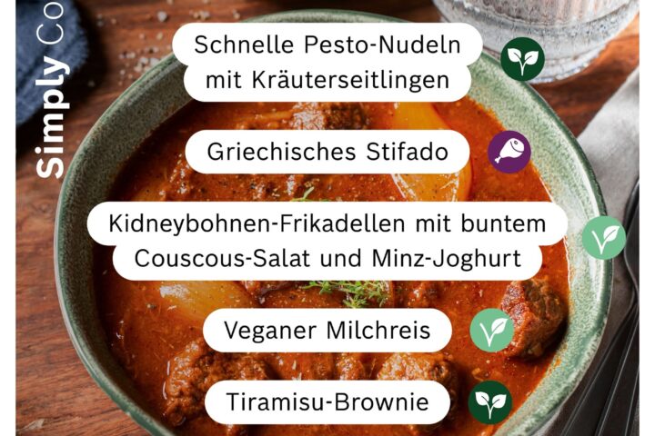 Neue Cookit Rezepte der Woche mit Griechischem Stifado, Pesto-Nudeln, veganem Milchreis und Tiramisu-Brownie.