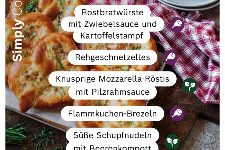 Neue Cookit Rezepte der Woche mit Rostbratwürsten, Rehgeschnetzeltem, Mozzarella-Röstis und Flammkuchen-Brezeln.
