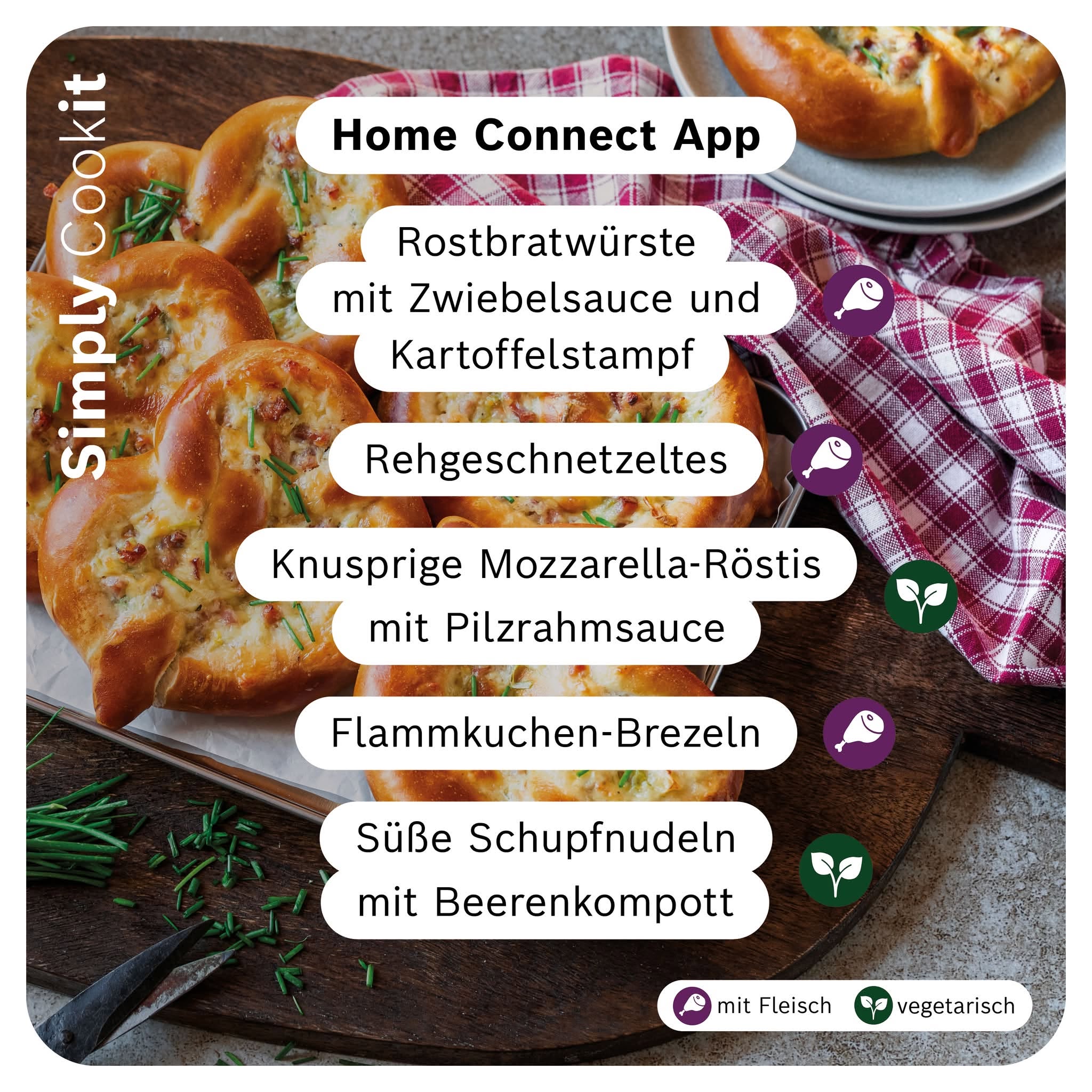 Neue Cookit Rezepte der Woche mit Rostbratwürsten, Rehgeschnetzeltem, Mozzarella-Röstis und Flammkuchen-Brezeln.