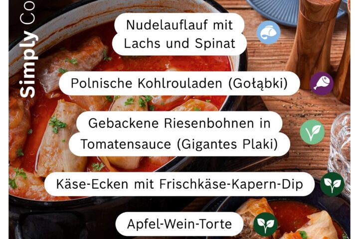 Fünf herbstliche Rezepte der Woche aus dem Bosch Cookit mit Auflauf, Kohlrouladen, Riesenbohnen, Käsegebäck und Apfel-Wein-Torte