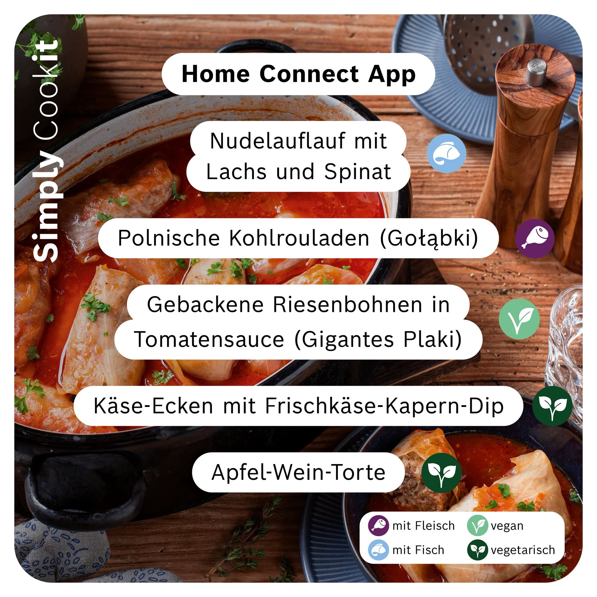 Fünf herbstliche Rezepte der Woche aus dem Bosch Cookit mit Auflauf, Kohlrouladen, Riesenbohnen, Käsegebäck und Apfel-Wein-Torte