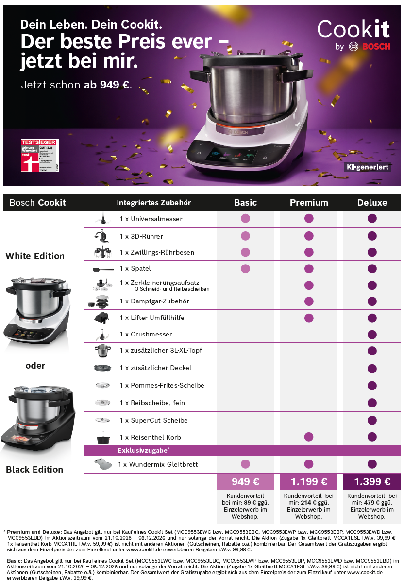 Vergleich der Bosch Cookit Angebote 2026 mit Basic-, Premium- und Deluxe-Set ab 949 Euro. Enthalten sind Salatbuddy, EasySlider Gleitbrett sowie Reisenthel Einkaufskorb bei Premium und Deluxe.