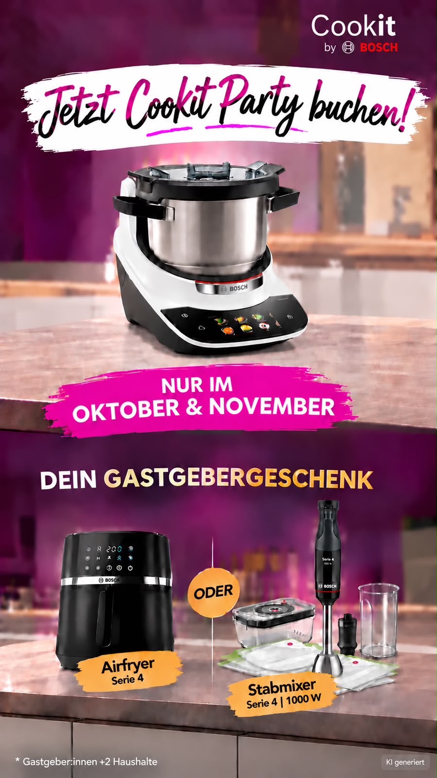 Bosch Airfryer Serie 4 oder Bosch Stabmixer Serie 4 als Gastgebergeschenk bei einer Bosch Cookit Kochparty.